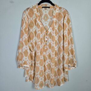 Rose & Olive Womens Artsy Sheer Pullover Top Size 3X Orange Ruffle Boho Gypsy